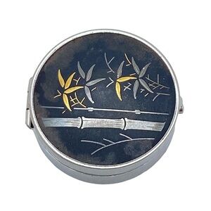 Vintage AMITA Japan Damascene Sterling Pill Box Bamboo Design on Cover.